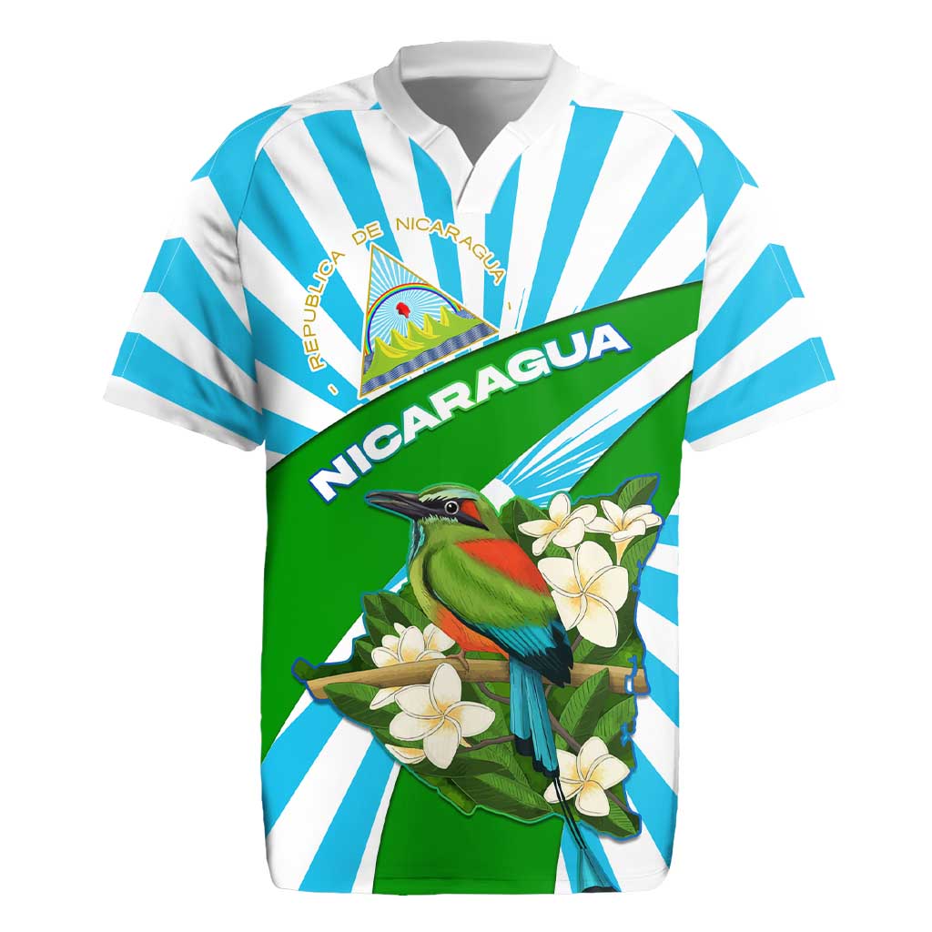 Nicaragua National Bird Rugby Jersey with White Flor de Sacuanjoche and Blue Stripe Design - Wonder Print Shop
