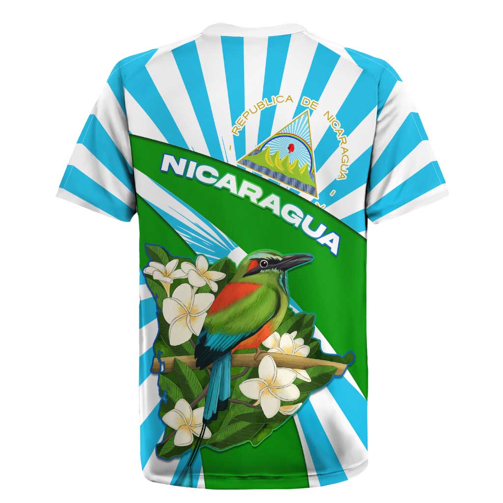 Nicaragua National Bird Rugby Jersey with White Flor de Sacuanjoche and Blue Stripe Design - Wonder Print Shop