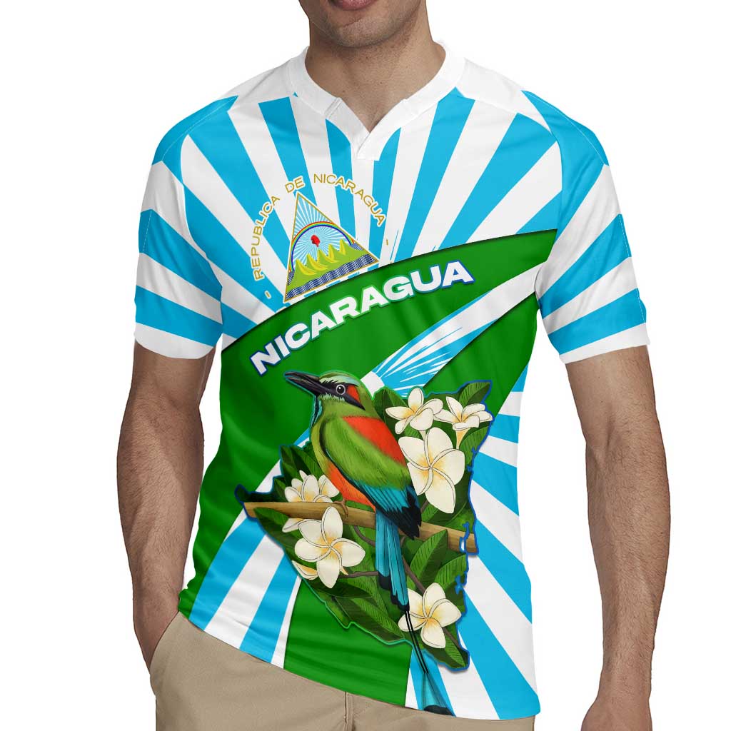 Nicaragua National Bird Rugby Jersey with White Flor de Sacuanjoche and Blue Stripe Design - Wonder Print Shop
