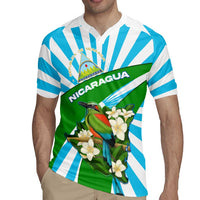 Nicaragua National Bird Rugby Jersey with White Flor de Sacuanjoche and Blue Stripe Design - Wonder Print Shop