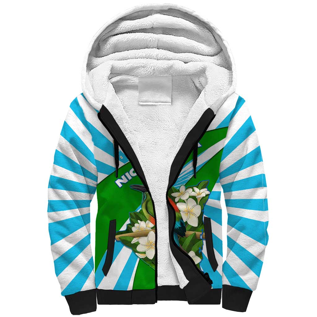 Nicaragua National Bird Sherpa Hoodie with White Flor de Sacuanjoche and Blue Stripe Design - Wonder Print Shop