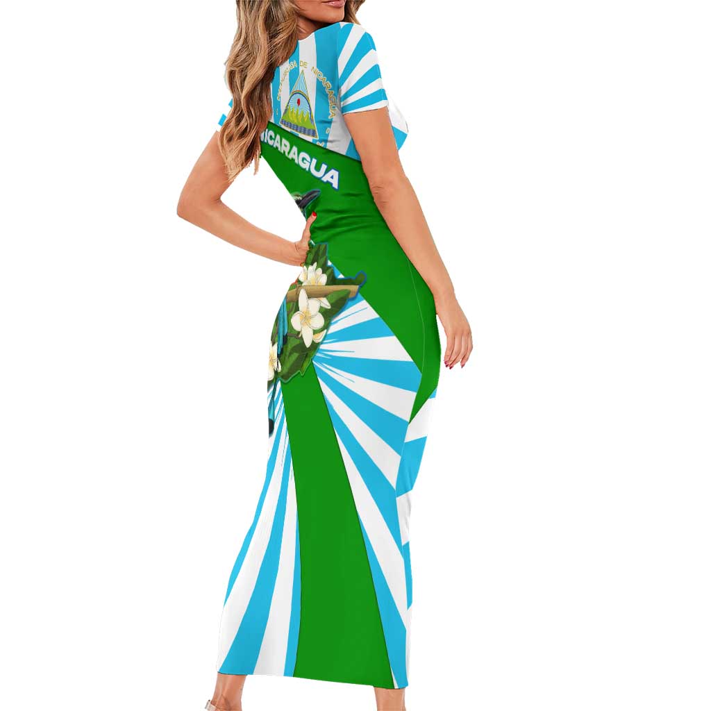 Nicaragua National Bird Short Sleeve Bodycon Dress with White Flor de Sacuanjoche and Blue Stripe Design - Wonder Print Shop