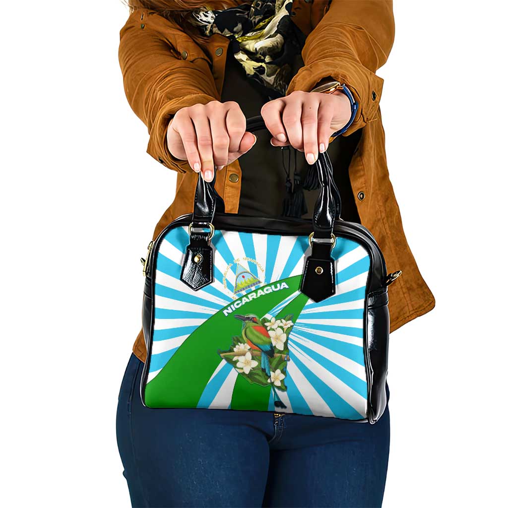 Nicaragua National Bird Shoulder Handbag with White Flor de Sacuanjoche and Blue Stripe Design - Wonder Print Shop