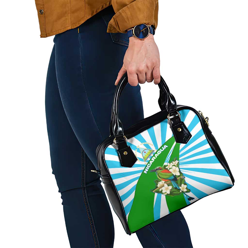 Nicaragua National Bird Shoulder Handbag with White Flor de Sacuanjoche and Blue Stripe Design - Wonder Print Shop