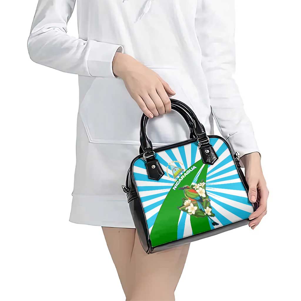 Nicaragua National Bird Shoulder Handbag with White Flor de Sacuanjoche and Blue Stripe Design - Wonder Print Shop