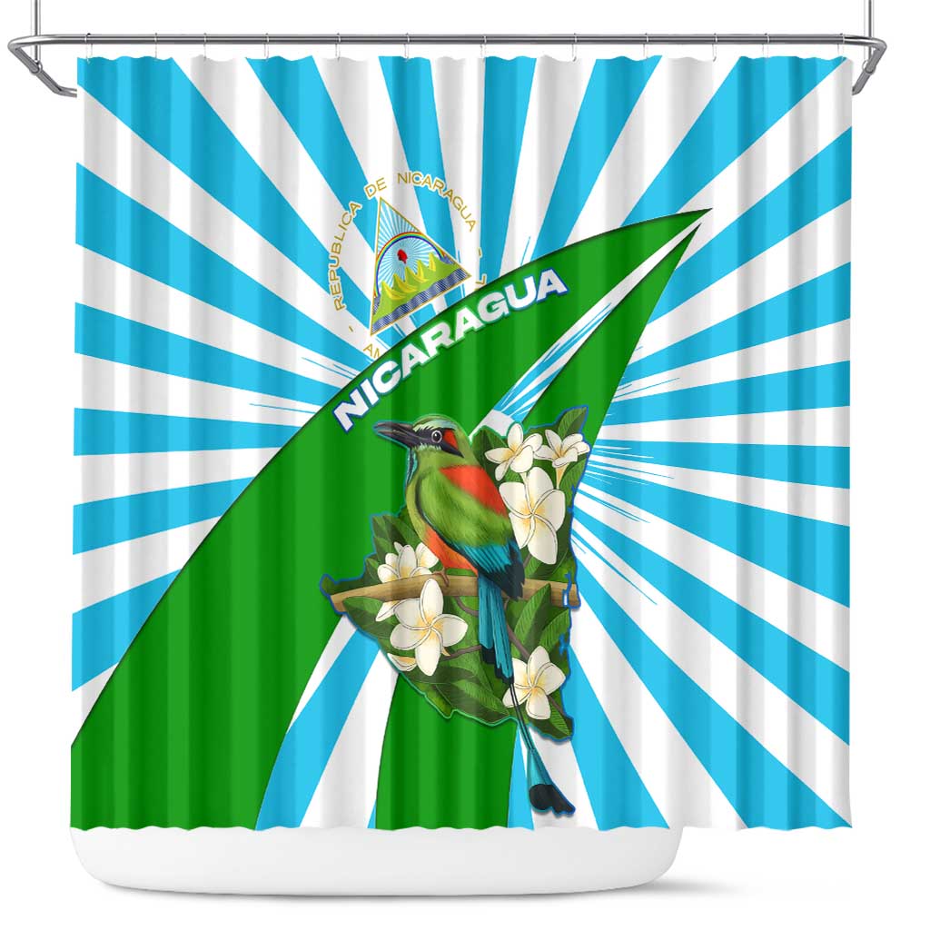 Nicaragua National Bird Shower Curtain with White Flor de Sacuanjoche and Blue Stripe Design - Wonder Print Shop