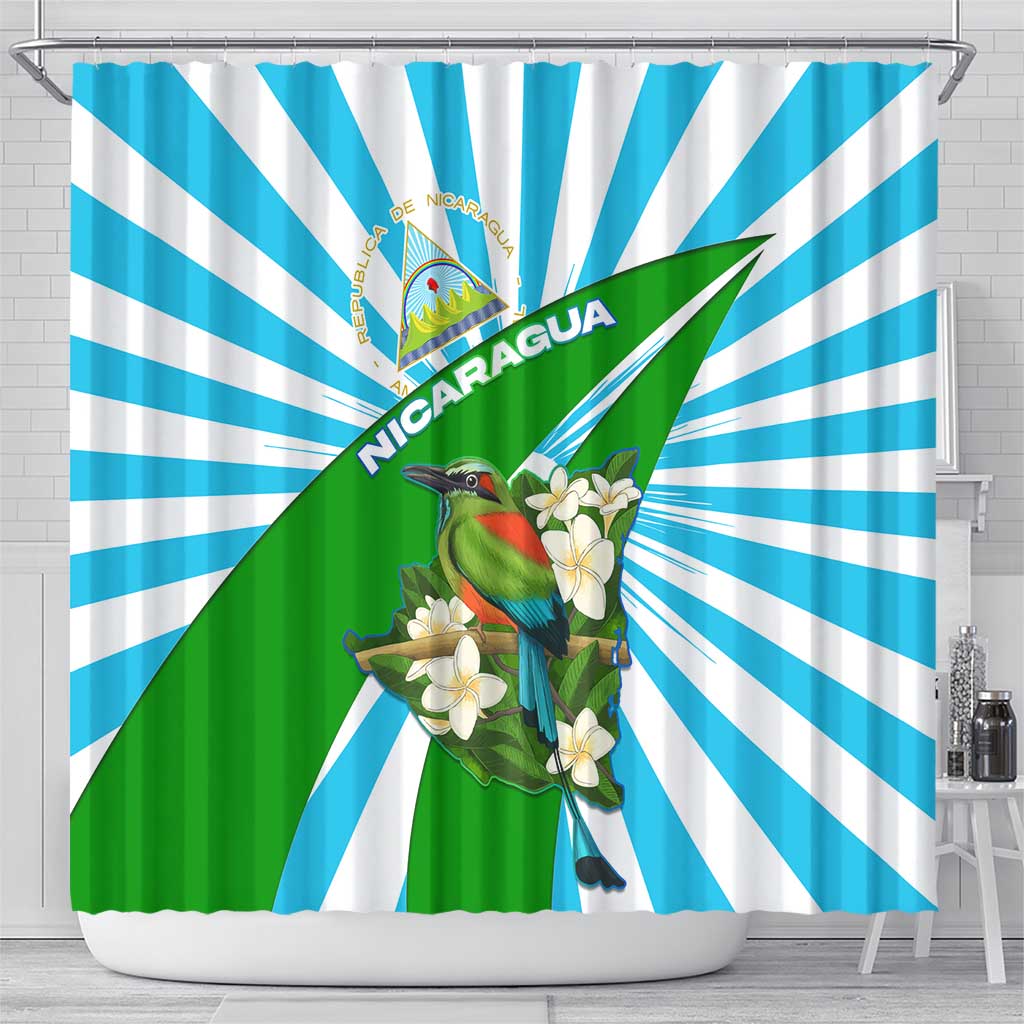 Nicaragua National Bird Shower Curtain with White Flor de Sacuanjoche and Blue Stripe Design - Wonder Print Shop