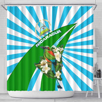 Nicaragua National Bird Shower Curtain with White Flor de Sacuanjoche and Blue Stripe Design - Wonder Print Shop