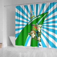Nicaragua National Bird Shower Curtain with White Flor de Sacuanjoche and Blue Stripe Design - Wonder Print Shop
