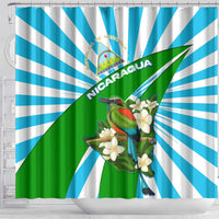 Nicaragua National Bird Shower Curtain with White Flor de Sacuanjoche and Blue Stripe Design - Wonder Print Shop