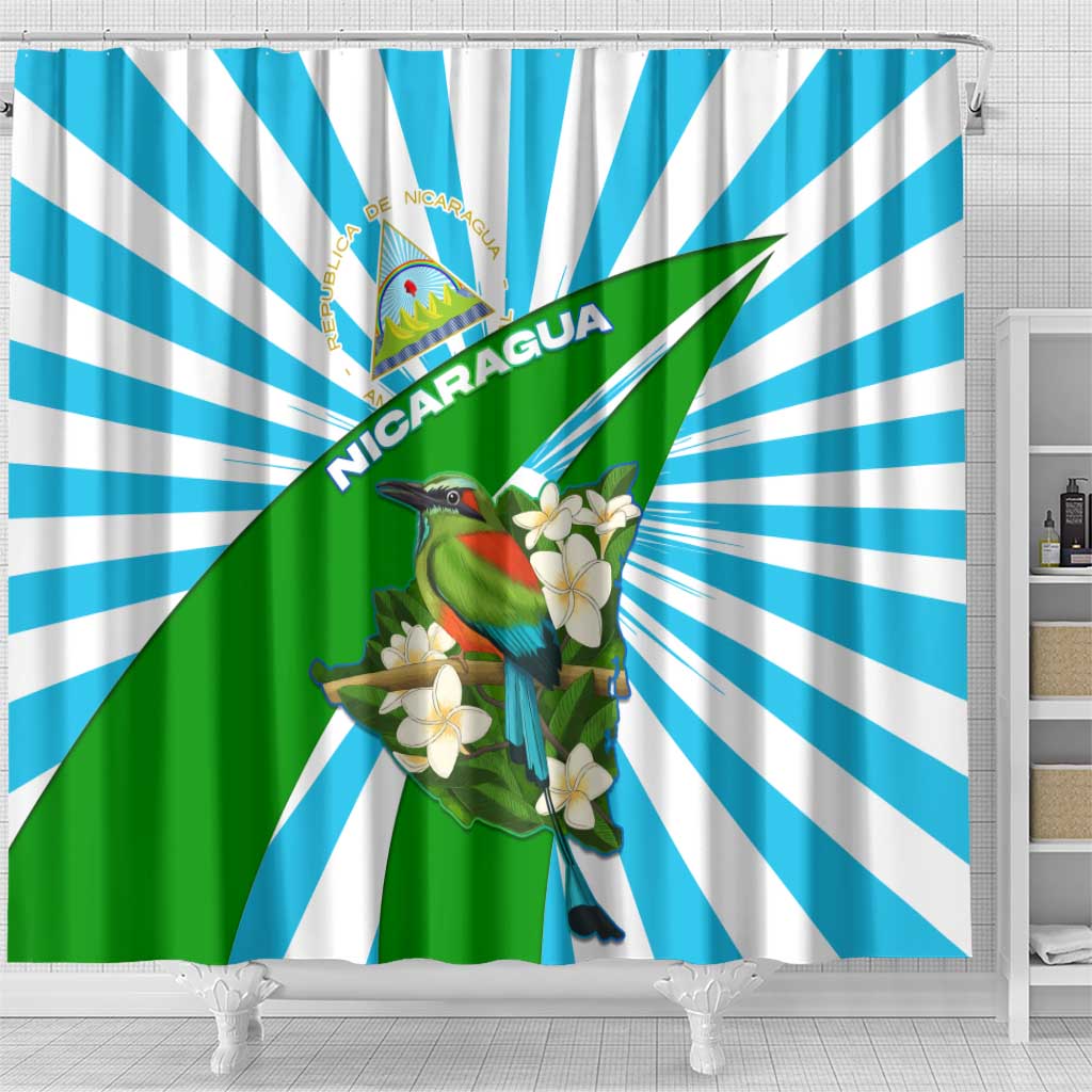 Nicaragua National Bird Shower Curtain with White Flor de Sacuanjoche and Blue Stripe Design - Wonder Print Shop