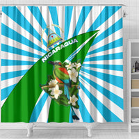 Nicaragua National Bird Shower Curtain with White Flor de Sacuanjoche and Blue Stripe Design - Wonder Print Shop