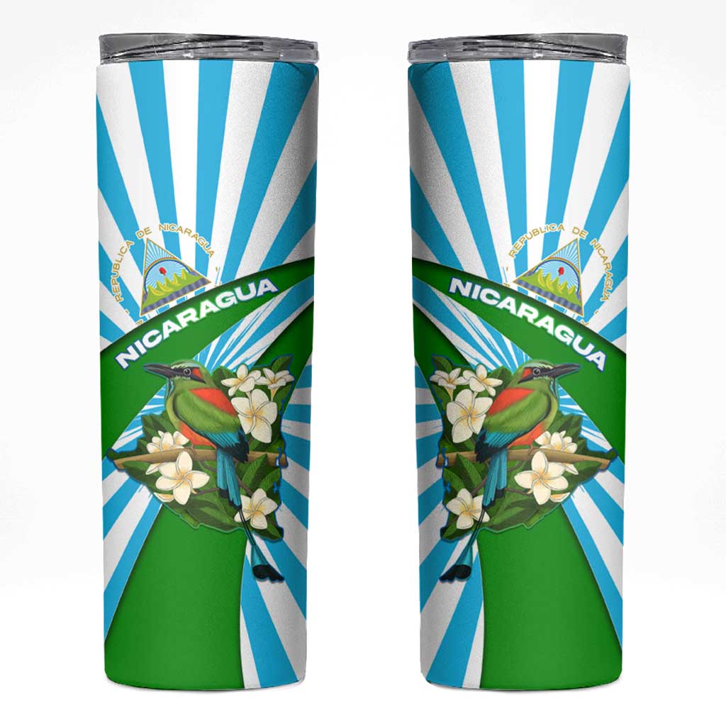 Nicaragua National Bird Skinny Tumbler with White Flor de Sacuanjoche and Blue Stripe Design - Wonder Print Shop
