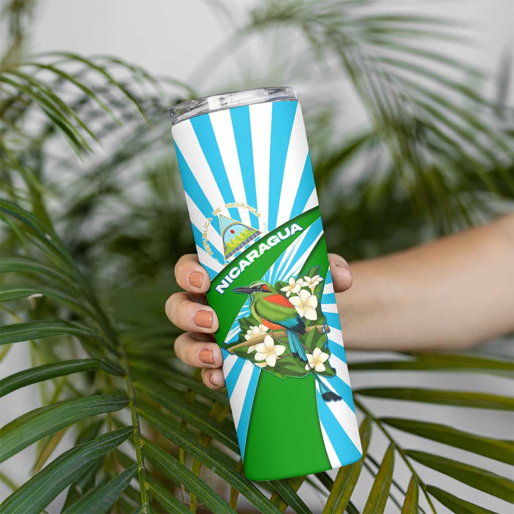 Nicaragua National Bird Skinny Tumbler with White Flor de Sacuanjoche and Blue Stripe Design - Wonder Print Shop