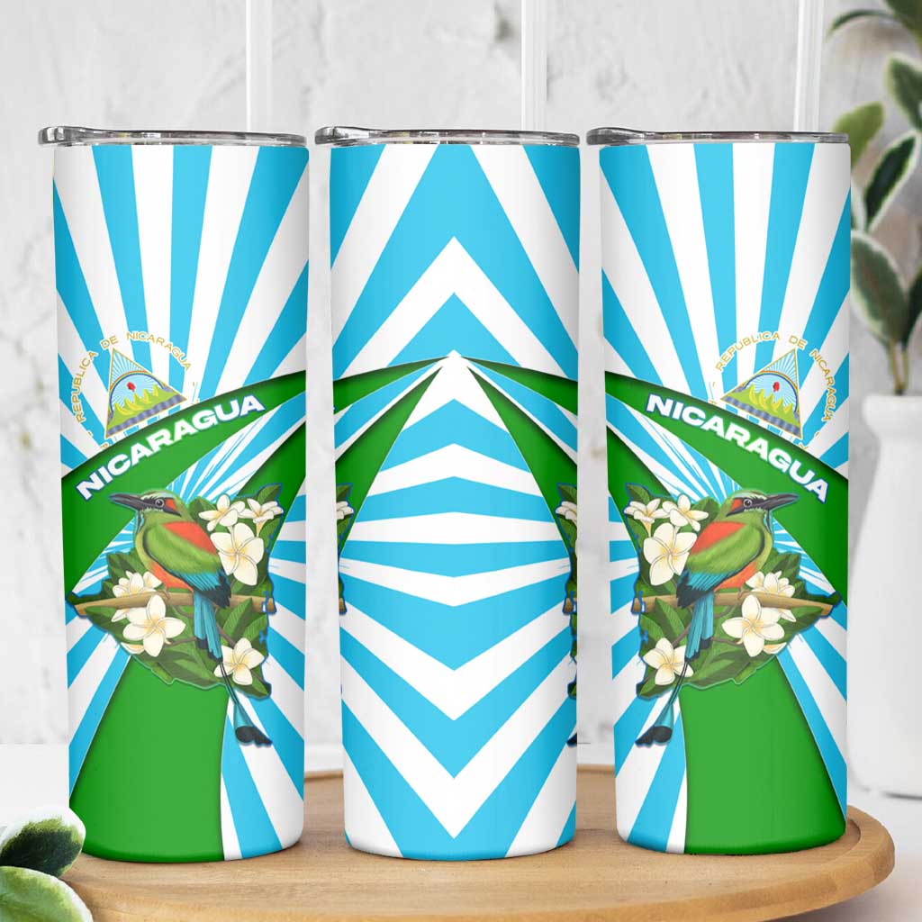 Nicaragua National Bird Skinny Tumbler with White Flor de Sacuanjoche and Blue Stripe Design - Wonder Print Shop