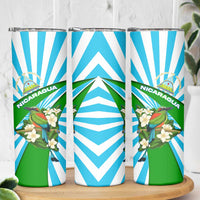 Nicaragua National Bird Skinny Tumbler with White Flor de Sacuanjoche and Blue Stripe Design - Wonder Print Shop