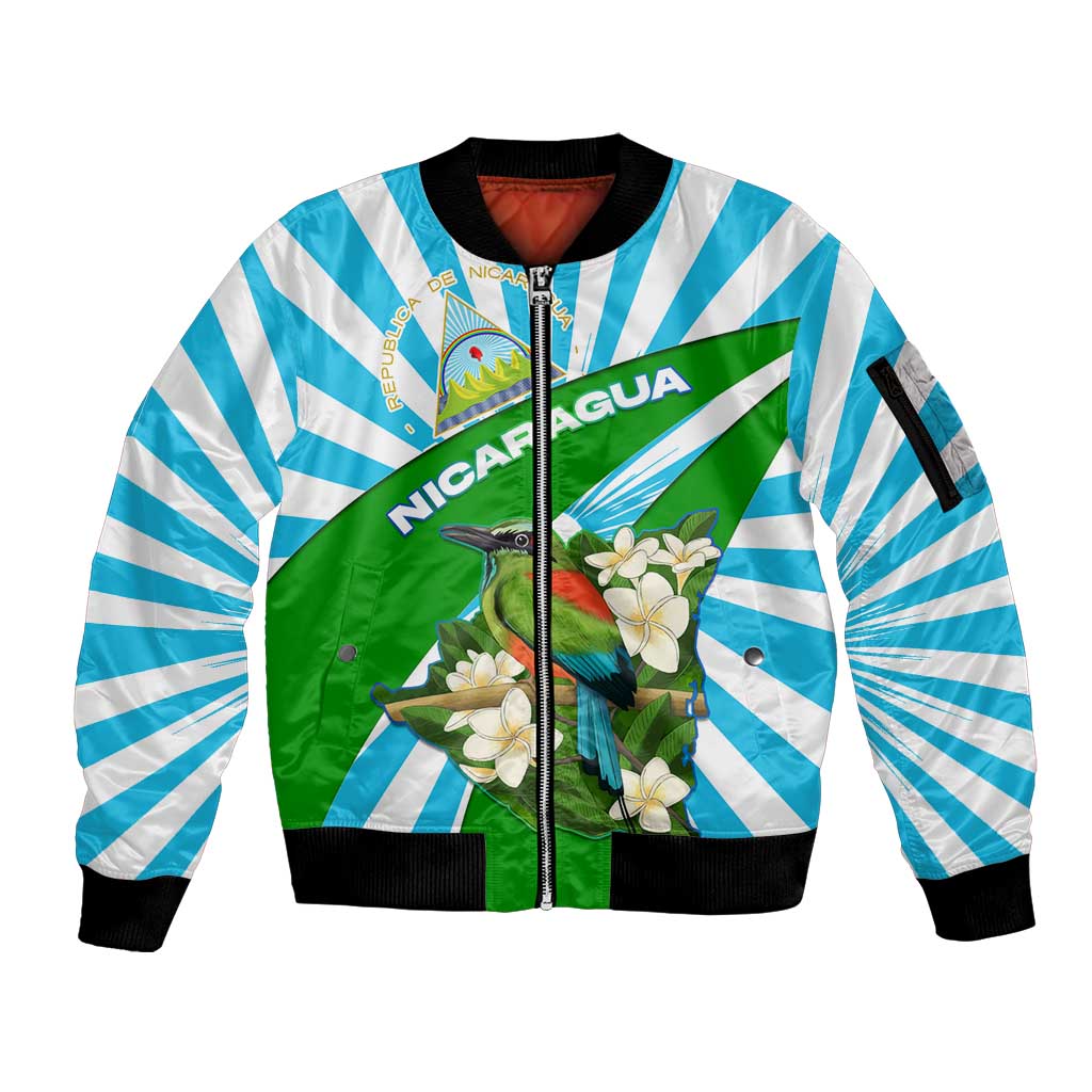 Nicaragua National Bird Sleeve Zip Bomber Jacket with White Flor de Sacuanjoche and Blue Stripe Design - Wonder Print Shop