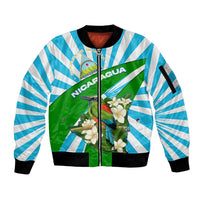 Nicaragua National Bird Sleeve Zip Bomber Jacket with White Flor de Sacuanjoche and Blue Stripe Design - Wonder Print Shop