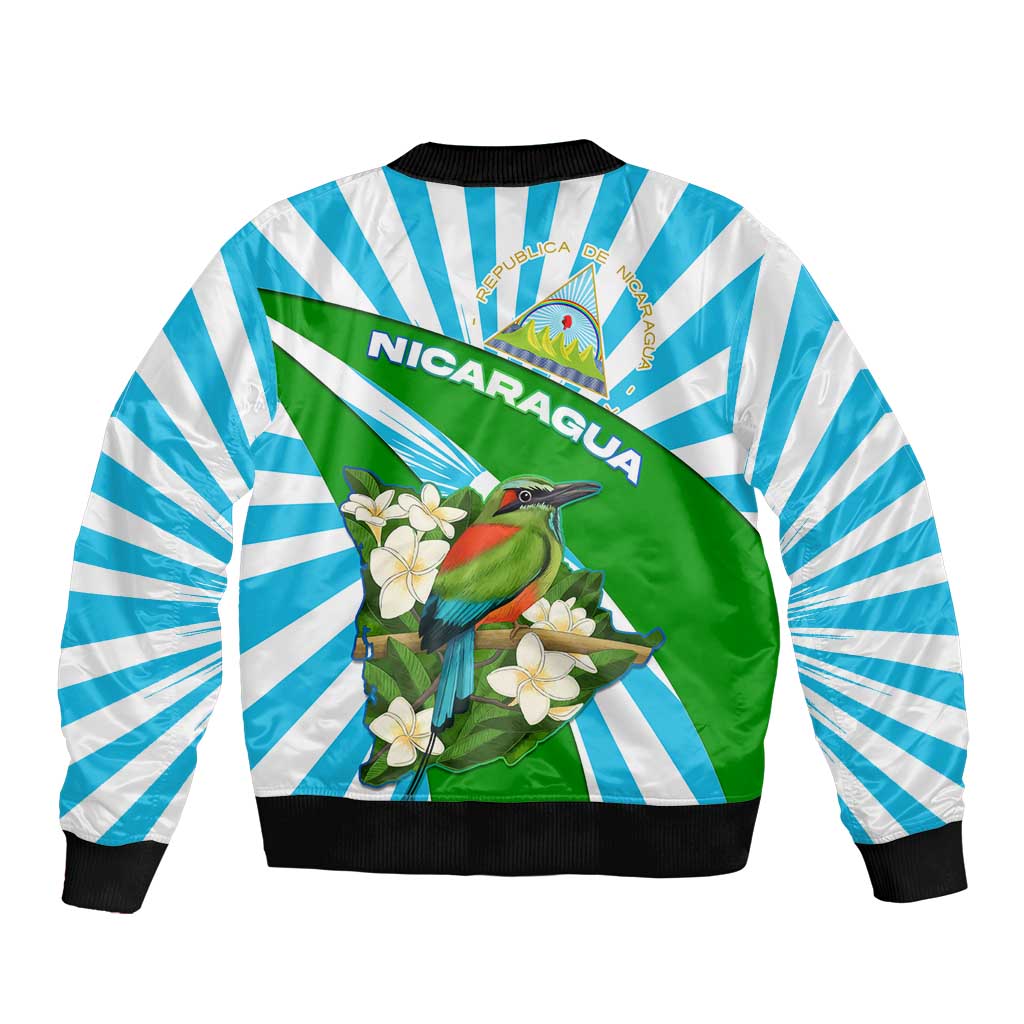 Nicaragua National Bird Sleeve Zip Bomber Jacket with White Flor de Sacuanjoche and Blue Stripe Design - Wonder Print Shop