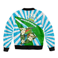 Nicaragua National Bird Sleeve Zip Bomber Jacket with White Flor de Sacuanjoche and Blue Stripe Design - Wonder Print Shop