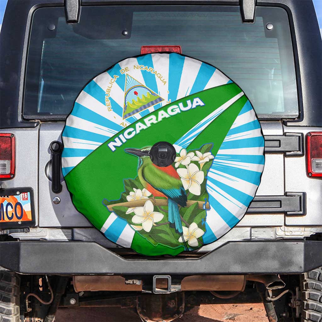 Nicaragua National Bird Spare Tire Cover with White Flor de Sacuanjoche and Blue Stripe Design - Wonder Print Shop