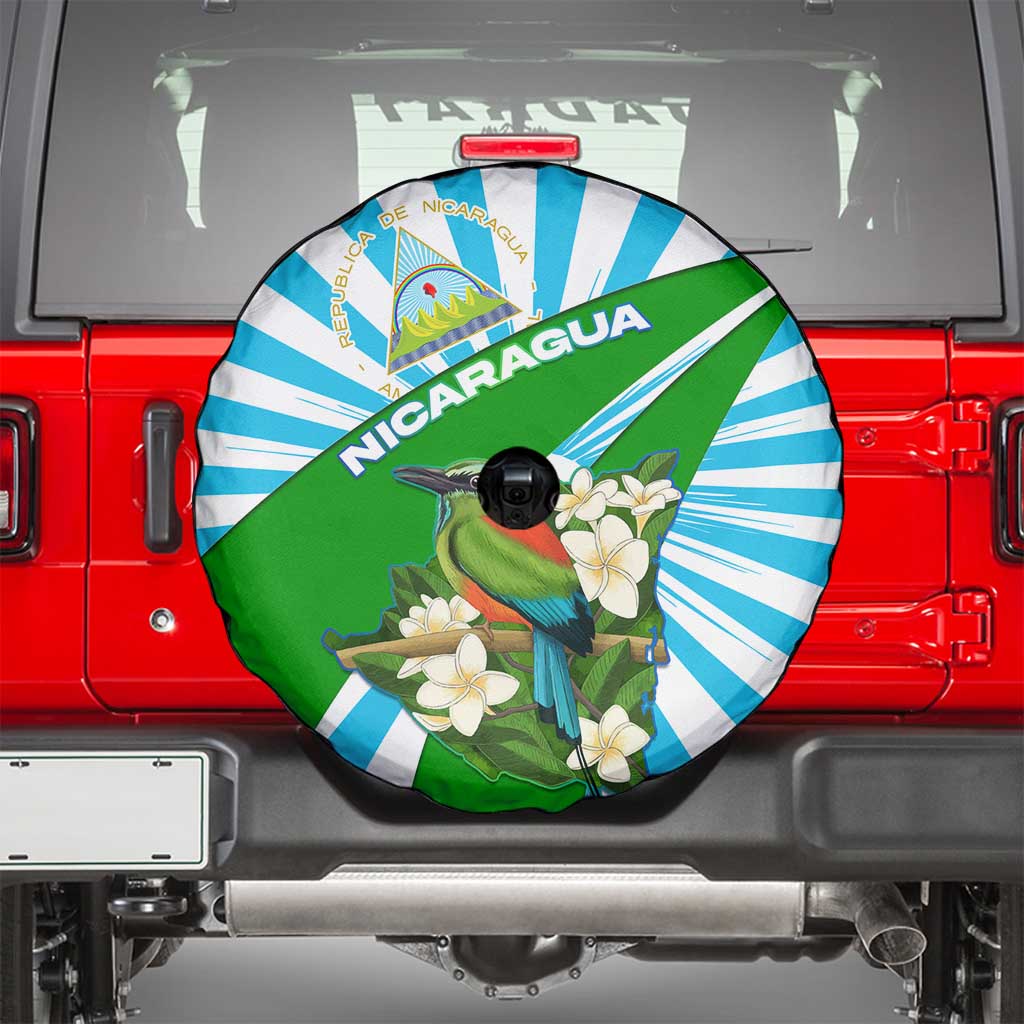 Nicaragua National Bird Spare Tire Cover with White Flor de Sacuanjoche and Blue Stripe Design - Wonder Print Shop