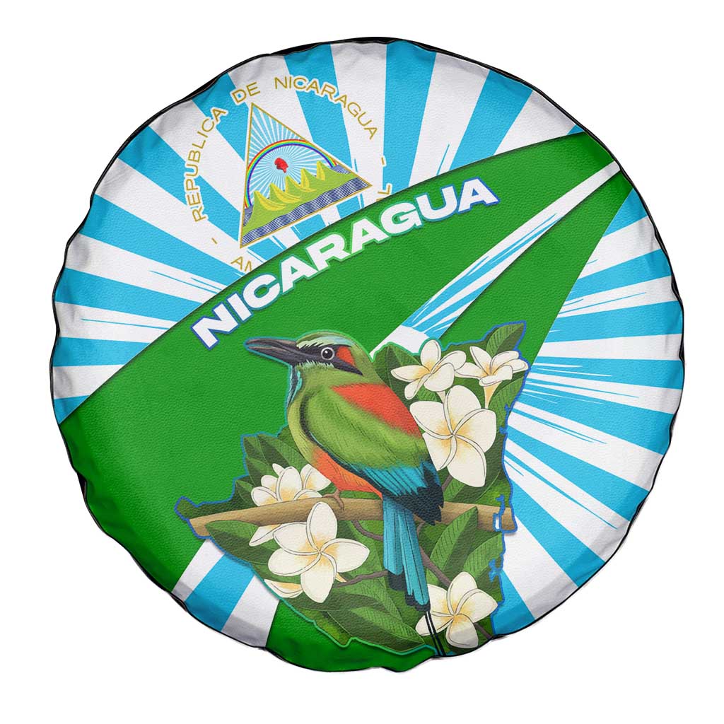 Nicaragua National Bird Spare Tire Cover with White Flor de Sacuanjoche and Blue Stripe Design - Wonder Print Shop