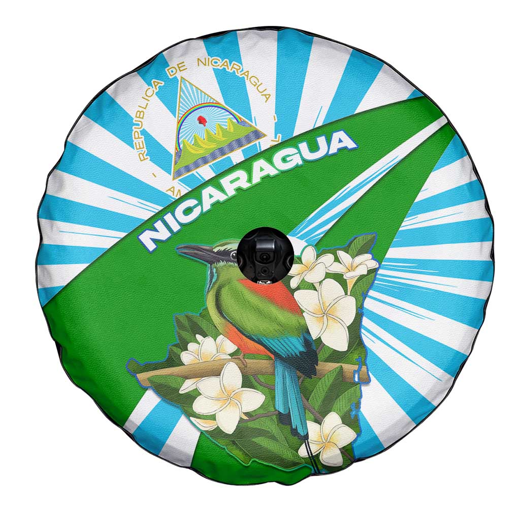 Nicaragua National Bird Spare Tire Cover with White Flor de Sacuanjoche and Blue Stripe Design - Wonder Print Shop