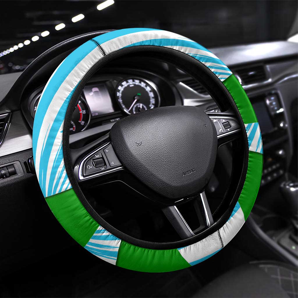 Nicaragua National Bird Steering Wheel Cover with White Flor de Sacuanjoche and Blue Stripe Design - Wonder Print Shop