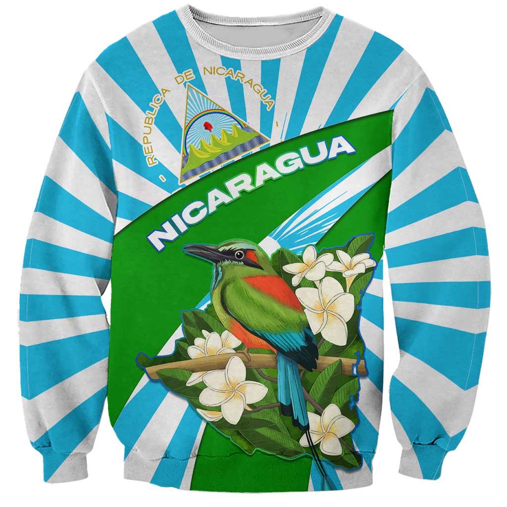 Nicaragua National Bird Sweatshirt with White Flor de Sacuanjoche and Blue Stripe Design - Wonder Print Shop