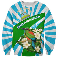 Nicaragua National Bird Sweatshirt with White Flor de Sacuanjoche and Blue Stripe Design - Wonder Print Shop