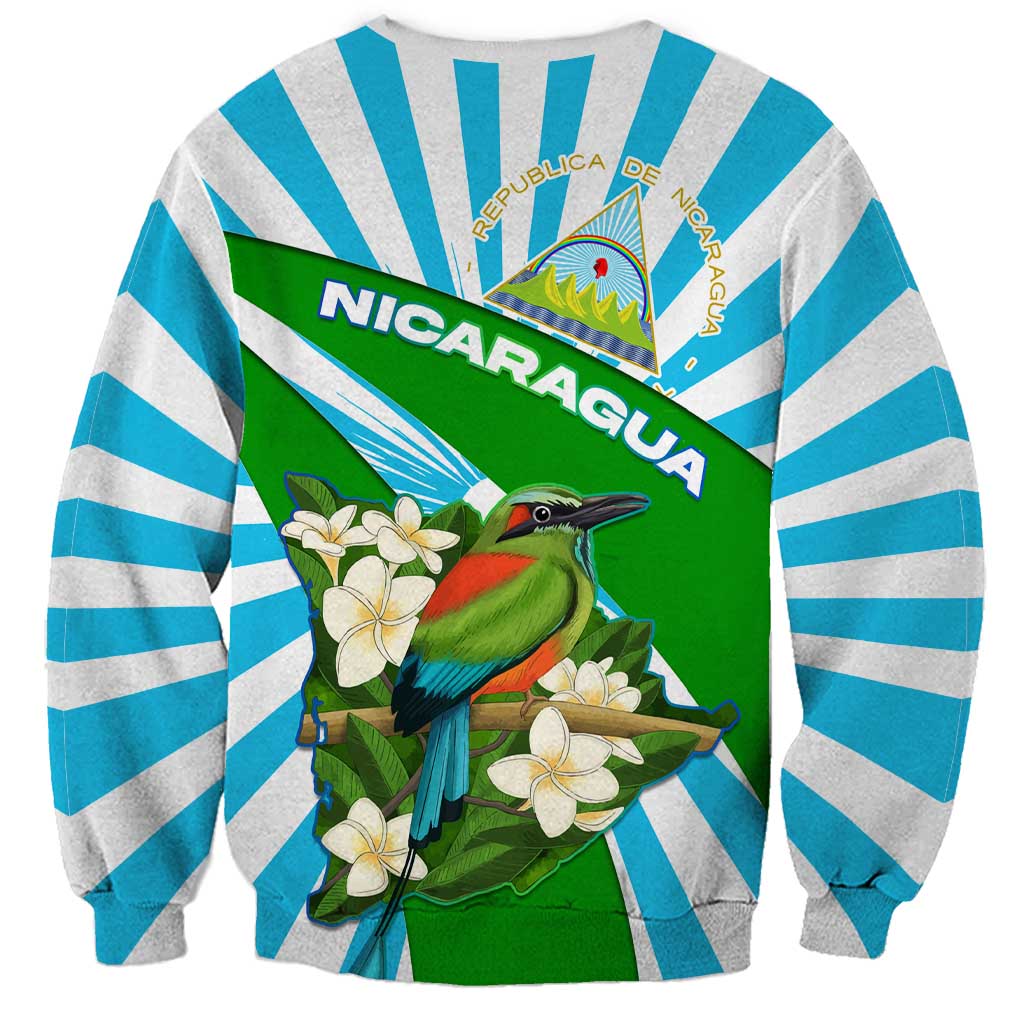 Nicaragua National Bird Sweatshirt with White Flor de Sacuanjoche and Blue Stripe Design - Wonder Print Shop