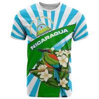 Nicaragua National Bird T Shirt with White Flor de Sacuanjoche and Blue Stripe Design - Wonder Print Shop