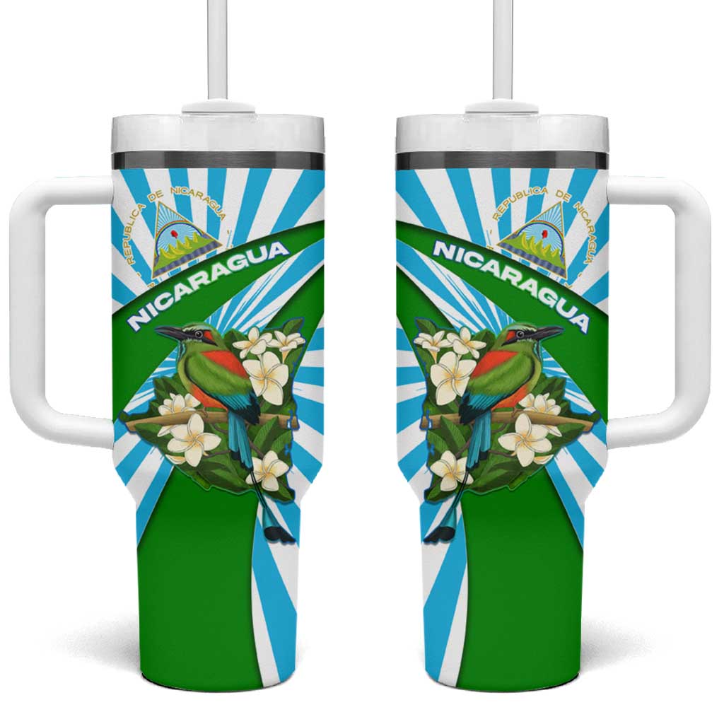 Nicaragua National Bird Tumbler With Handle with White Flor de Sacuanjoche and Blue Stripe Design - Wonder Print Shop
