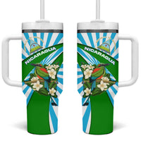 Nicaragua National Bird Tumbler With Handle with White Flor de Sacuanjoche and Blue Stripe Design - Wonder Print Shop