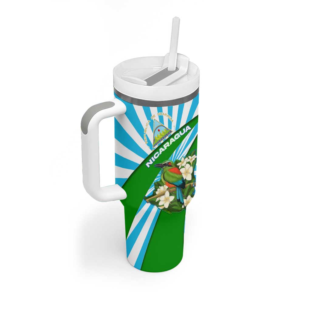 Nicaragua National Bird Tumbler With Handle with White Flor de Sacuanjoche and Blue Stripe Design - Wonder Print Shop