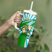 Nicaragua National Bird Tumbler With Handle with White Flor de Sacuanjoche and Blue Stripe Design - Wonder Print Shop