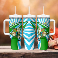 Nicaragua National Bird Tumbler With Handle with White Flor de Sacuanjoche and Blue Stripe Design - Wonder Print Shop