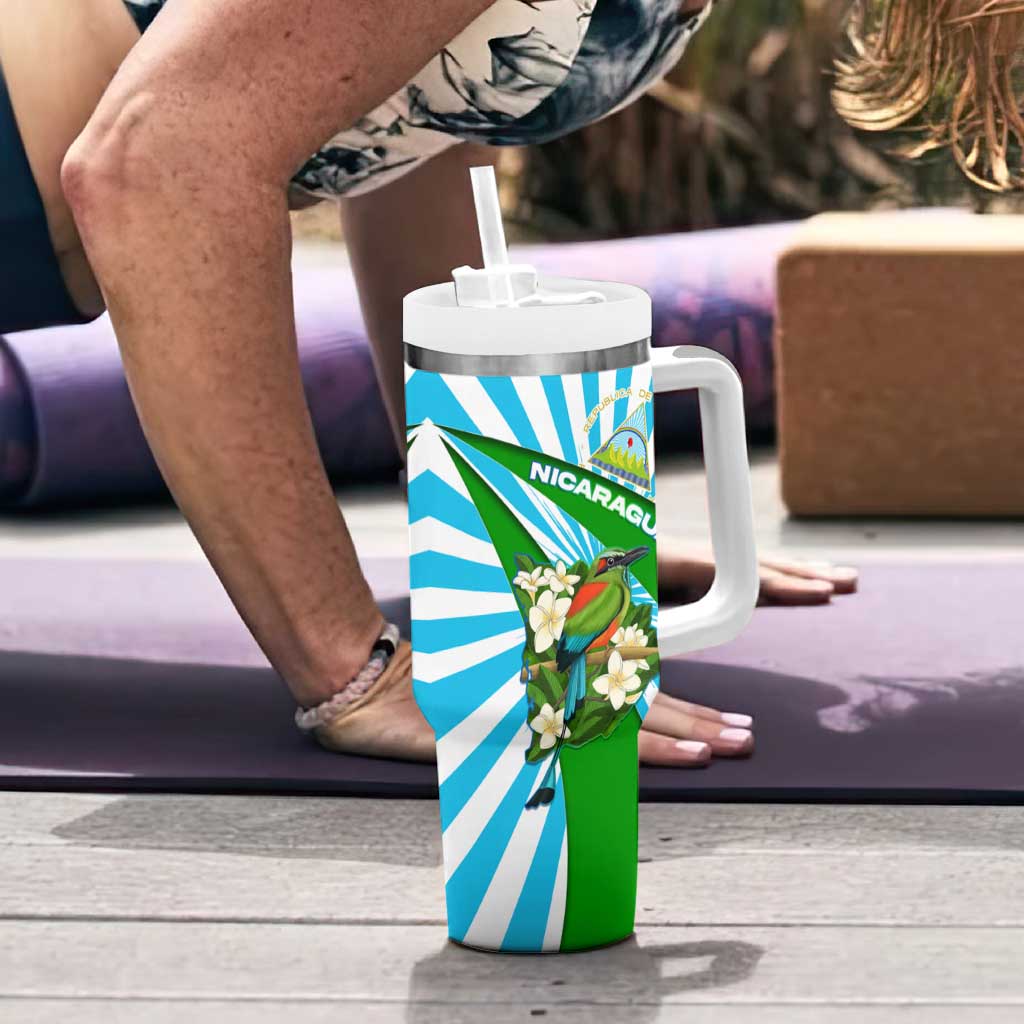 Nicaragua National Bird Tumbler With Handle with White Flor de Sacuanjoche and Blue Stripe Design - Wonder Print Shop
