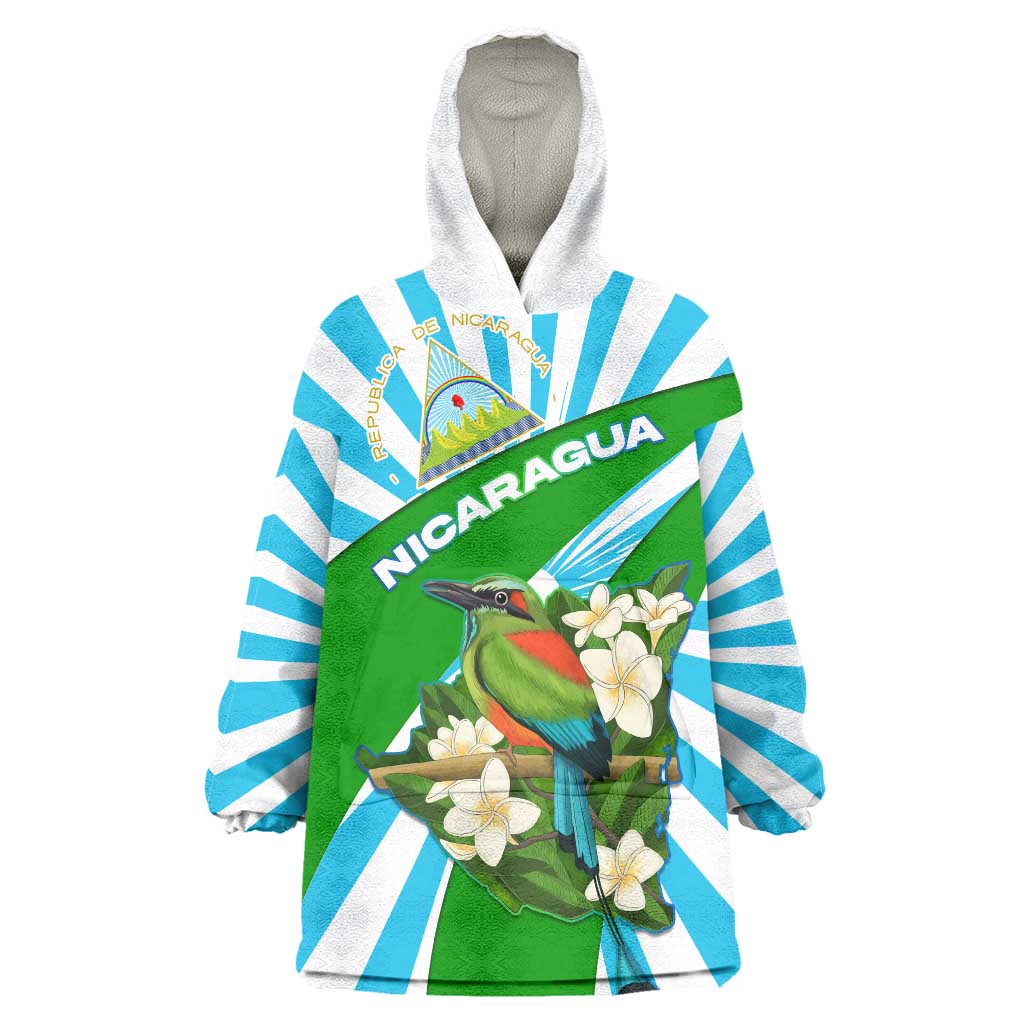 Nicaragua National Bird Wearable Blanket Hoodie with White Flor de Sacuanjoche and Blue Stripe Design - Wonder Print Shop