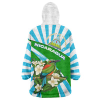 Nicaragua National Bird Wearable Blanket Hoodie with White Flor de Sacuanjoche and Blue Stripe Design - Wonder Print Shop