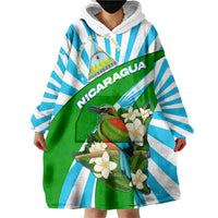 Nicaragua National Bird Wearable Blanket Hoodie with White Flor de Sacuanjoche and Blue Stripe Design - Wonder Print Shop