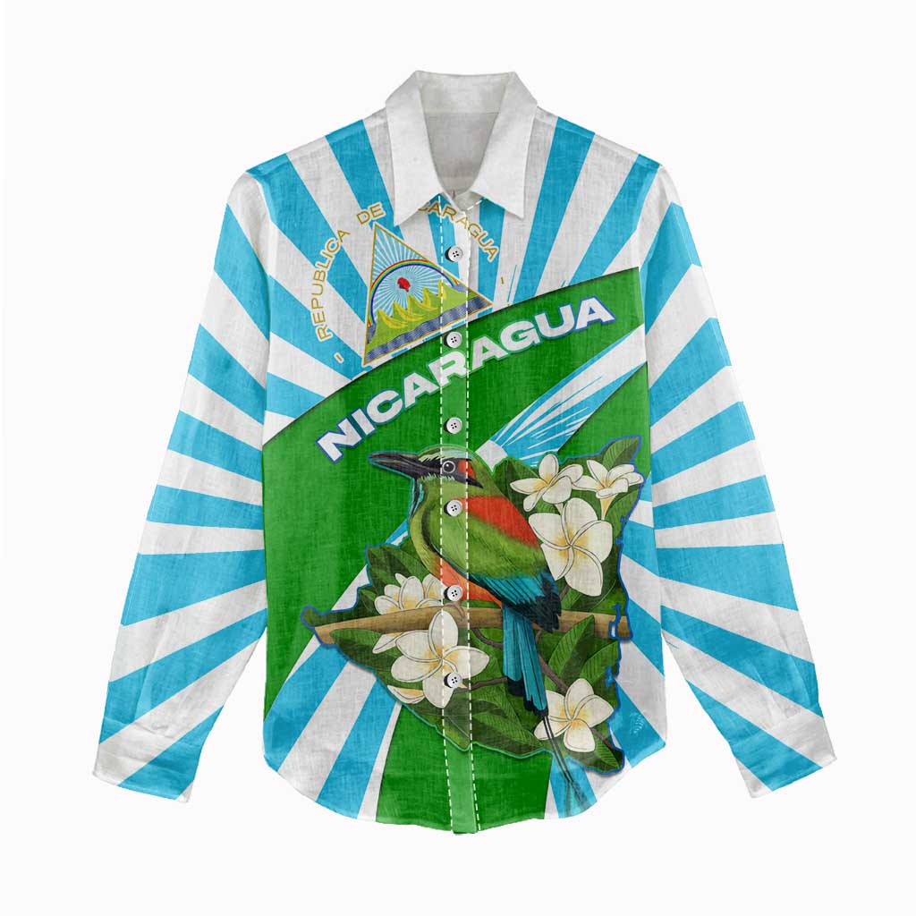 Nicaragua National Bird Women Casual Shirt with White Flor de Sacuanjoche and Blue Stripe Design - Wonder Print Shop