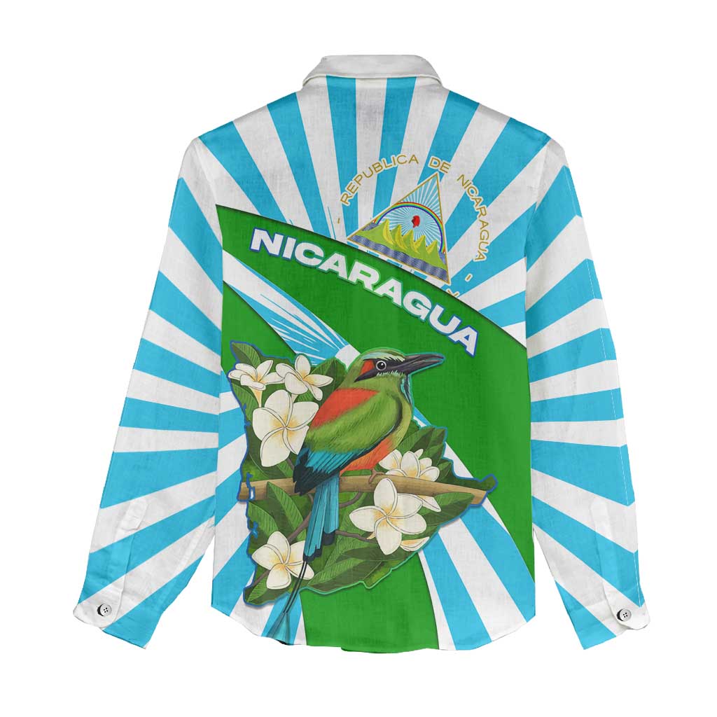 Nicaragua National Bird Women Casual Shirt with White Flor de Sacuanjoche and Blue Stripe Design - Wonder Print Shop