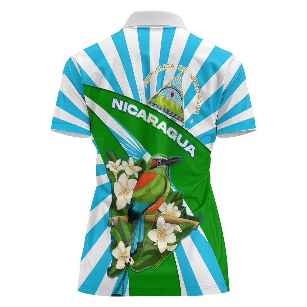 Nicaragua National Bird Women Polo Shirt with White Flor de Sacuanjoche and Blue Stripe Design - Wonder Print Shop