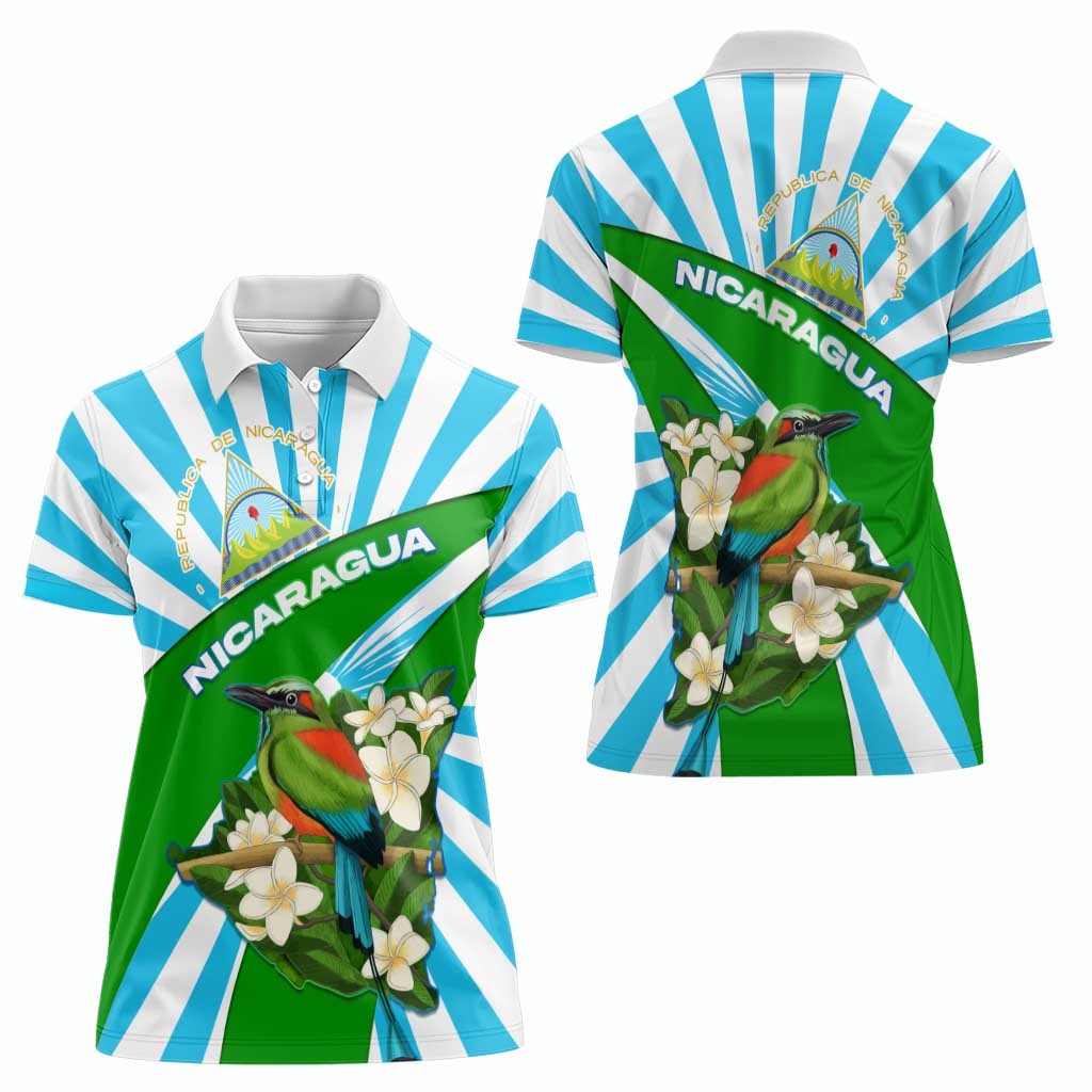 Nicaragua National Bird Women Polo Shirt with White Flor de Sacuanjoche and Blue Stripe Design - Wonder Print Shop