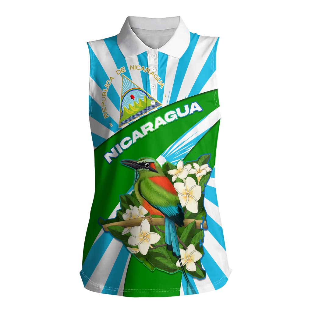 Nicaragua National Bird Women Sleeveless Polo Shirt with White Flor de Sacuanjoche and Blue Stripe Design - Wonder Print Shop