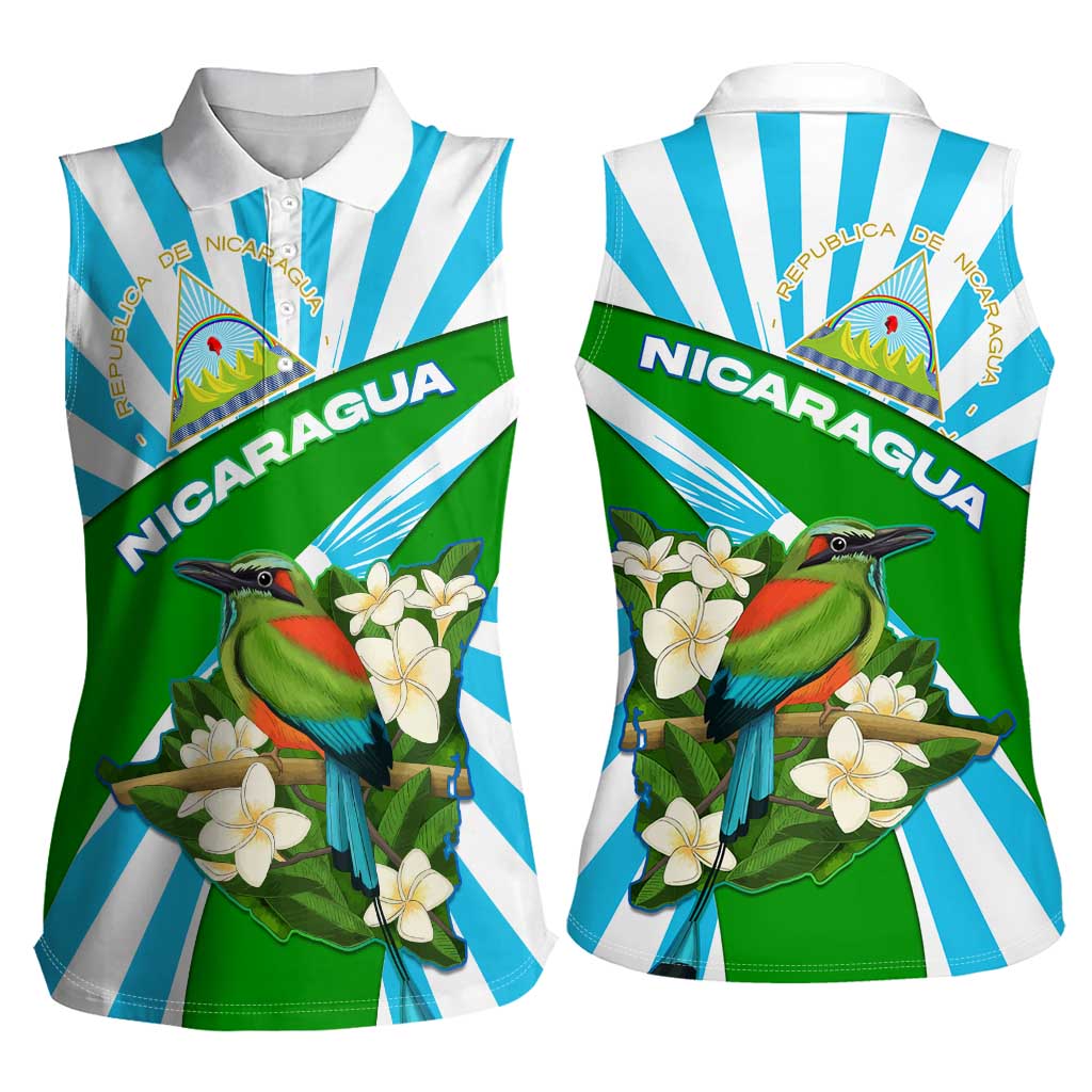 Nicaragua National Bird Women Sleeveless Polo Shirt with White Flor de Sacuanjoche and Blue Stripe Design - Wonder Print Shop