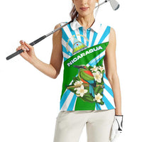Nicaragua National Bird Women Sleeveless Polo Shirt with White Flor de Sacuanjoche and Blue Stripe Design - Wonder Print Shop