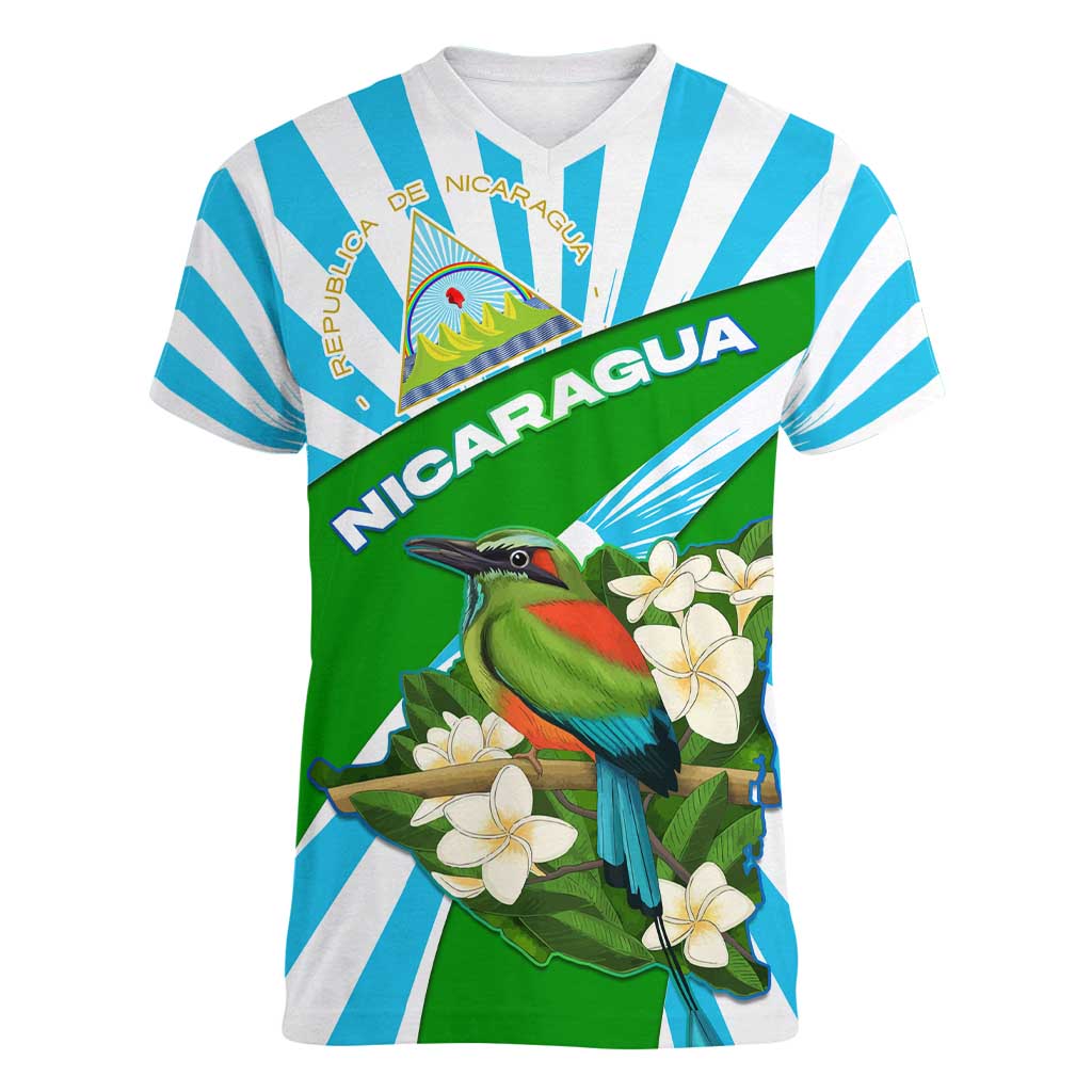 Nicaragua National Bird Women V-Neck T-Shirt with White Flor de Sacuanjoche and Blue Stripe Design - Wonder Print Shop